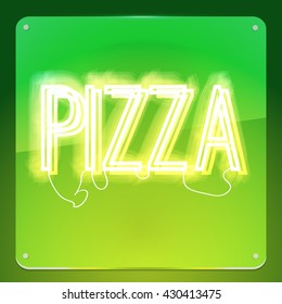 Pizza. Neon signboard. Glowing text on background. Illustration for your restaurant, club, cafe, shop, business.