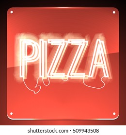 Pizza. Neon signboard. Glowing text on background. Illustration for your restaurant, club, cafe, shop, business.