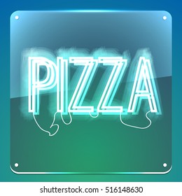 Pizza. Neon signboard. Glowing text on background. Illustration for your restaurant, club, cafe, shop, business.