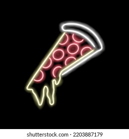 Pizza in neon style. Glowing sign. Vector illustration 