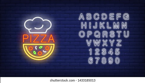 Pizza neon text with chef cook hat and half of pizza. Pizzeria advertisement design. Night bright neon sign, colorful billboard, light banner. Vector illustration in neon style.