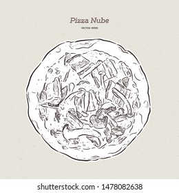 Pizza Nube, Becon and mushroom pizza. hand draw sketch vector.