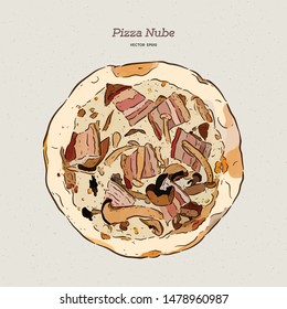 Pizza Nube, Becon and mushroom pizza. hand draw sketch vector.