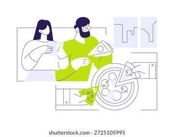 Pizza in the office isolated cartoon vector illustrations. Diverse colleagues eating pizza in office, having fun, business lunch, team building activity, takeaway food delivery vector cartoon.