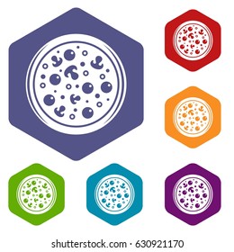 Pizza with olives and mushrooms icons set hexagon isolated vector illustration
