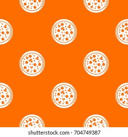 Pizza with olives and mushrooms pattern repeat seamless in orange color for any design. Vector geometric illustration