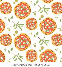 Pizza y Aceitunas sin patrón. Ilustraciones de comida italiana. Antecedentes