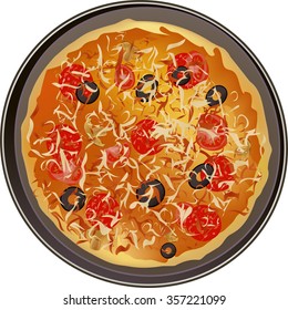 Pizza with olives, tomatoes, salami and cheese. Puff pastry with ingredients. Dish . melted cheese. Hot piece.