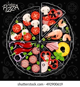 Pizza on the black background and the ingredients for the pizza. Vector illustration