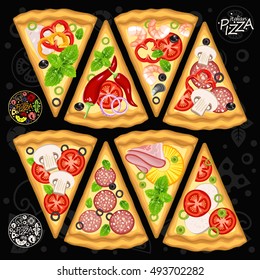 Pizza on the black background and the ingredients for the pizza. Vector illustration