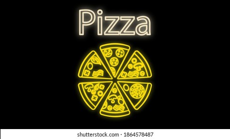 pizza sobre fondo negro, ilustración vectorial, neón. pizza rellenando el neón amarillo con una pizza con inscripción. signo luminoso para la decoración y decoración de restaurantes y cafés