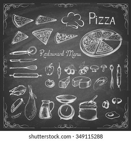 Pizza on the  blackboard. Illustration of a vintage graphic element for menu. Retro vintage style. Set of ingredients. Vector illustration.