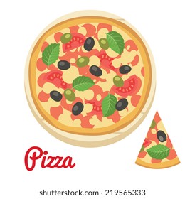 Pizza on a board, cartoon flat style icon. Isolated vector illustration.  Design for stickers, logo, web and mobile app. 