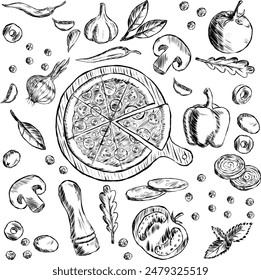 pizza on the board in the center and all its ingredients products around. Vector illustration Stroke black-white vegetables spices mushrooms for fast food.