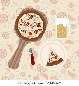 Pizza on the board. Flat vector style.