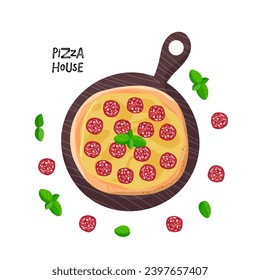 Pizza on board with fresh ingredients. Pepperoni pizza with cheese, sausage and basil. Cartoon vector illustration for menu, shop, bar, delivery. Traditional italian fast food. 