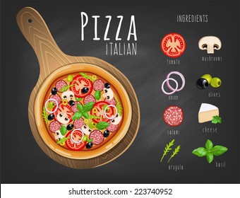 Pizza on the board and the ingredients for the pizza on the chalkboard. You can use in the menu, in the shop, in the bar, the card or stickers.