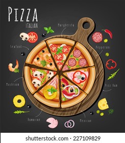 Pizza on the board and the ingredients for the pizza on the chalkboard. Use for card, poster, banner, web design and print on t-shirt. Easy to edit.