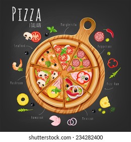 Pizza na placa e os ingredientes para a pizza no quadro-negro