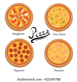 Pizza on the board and the ingredients for the pizza set of flat pizza icons isolated on white illustration of tasty pizza Pizza menu illustration isolated. Pizza vector collection isolated on white.