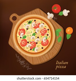 Pizza on a board and ingredients on the table. Vector illustration isolated in cartoon style.