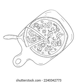 pizza on the board line art vector.