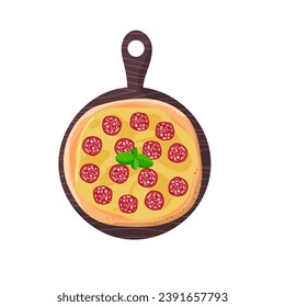 Pizza on board. Pepperoni pizza with cheese, sausage and basil. Cartoon vector illustration. Traditional italian fast food. Pastry food with sausage pieces and cheese for menu. Tasty Italian pizza