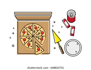 Pizza on a box with utensils and cola Linear Art style. Editable Clip art.