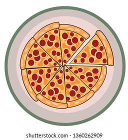 pizza on the ceramic plate. Very simple vector illustration of pizza. The topping look likes using sausage, cheese, etc.