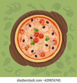 Pizza on the cutting board. Pizza menu concept illustration. 