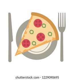 Pizza on dish with cutlery