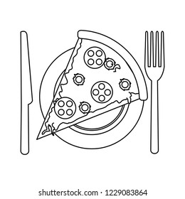 Pizza on dish with cutlery black and white