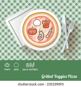 Pizza on a dish with icon ingredients and recipe name at bottom