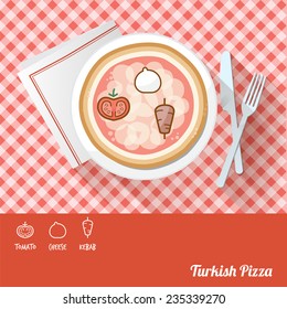Pizza on a dish with icon ingredients and recipe name at bottom