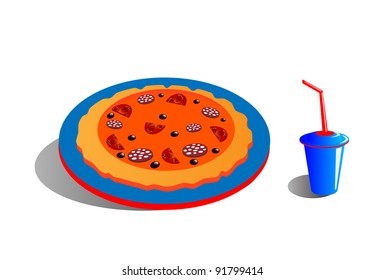 The pizza on the dish and the plastic cup isolated in white