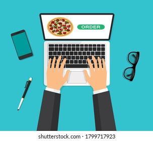 Pizza on a laptop screen. Hands are typing on computer keyboard and push a button. Food ordering and delivery. Top view. Vector illustration in a 3d style.