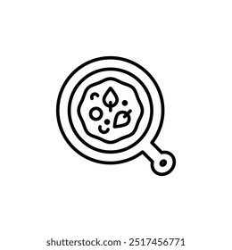 Pizza em um ícone de remo. Um design de contorno minimalista representando uma pizza em uma pá de pizza tradicional. Perfeito para projetos culinários, marca de restaurante e projetos relacionados à comida. Ilustração vetorial