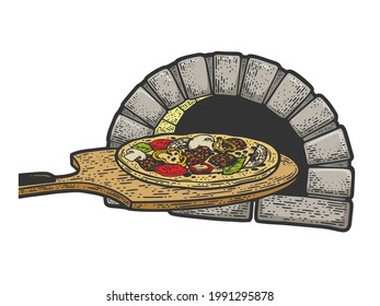 pizza on paddle and oven color line art sketch engraving vector illustration. T-shirt apparel print design. Scratch board imitation. Black and white hand drawn image.