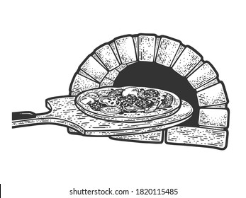 pizza on paddle and oven sketch engraving vector illustration. T-shirt apparel print design. Scratch board imitation. Black and white hand drawn image.