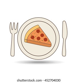 pizza on plate with fork and knife, vector illustration