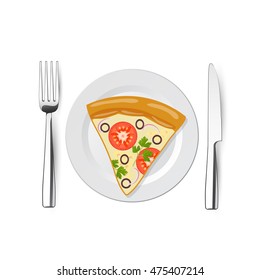 pizza on a plate with fork, knife