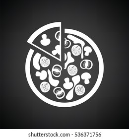 Pizza on plate icon. Black background with white. Vector illustration.