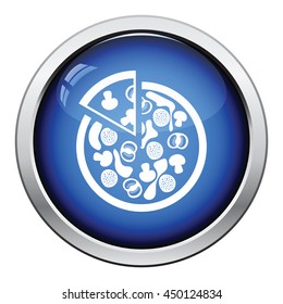 Pizza on plate icon. Glossy button design. Vector illustration.