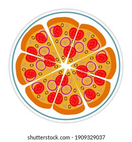 Pizza en el diseño de ilustración de vector de icono de placa aislado