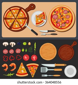 Pizza on the Plate and Ingredients. Food and Drink. Vector illustration