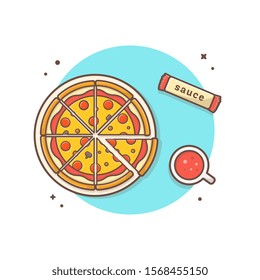 Pizza On Plate With Soda And Sauce Vector Icon Illustration. Top Angle View. Food And Drink Icon Concept White Isolated. Flat Cartoon Style Suitable for Web Landing Page, Banner, Sticker, Background