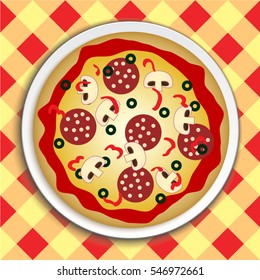 pizza on plate and squared  tablecloth background
