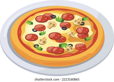 Pizza on plate. Traditional italian dish cartoon icon