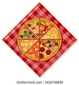 Pizza on a red checkered tablecloth on white background. Pizza menu. Object for packaging, advertisements, menu. Vector illustration. Realistic.