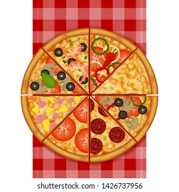 Pizza on a red checkered tablecloth on white background. Pizza menu. Object for packaging, advertisements, menu. Vector illustration. Realistic.